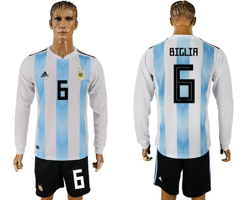 Argentina #6 Biglia Home Long Sleeves Soccer Country Jersey - Click Image to Close